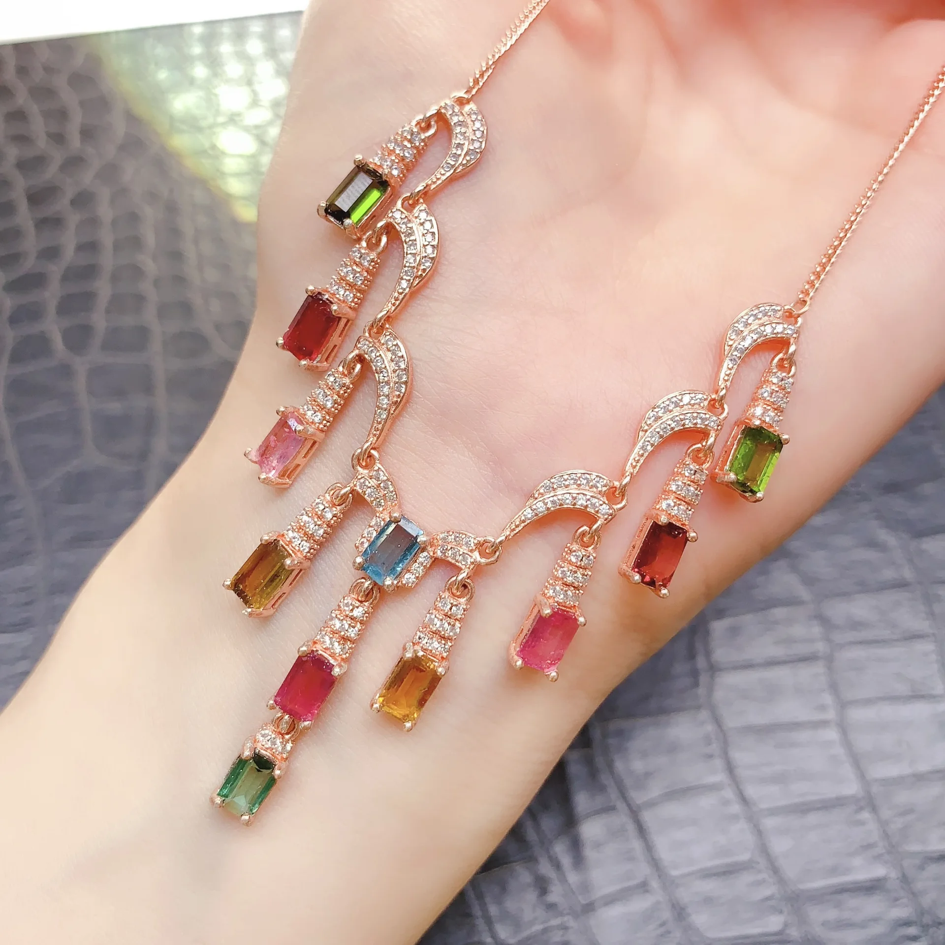 Natural Multi-Color Tourmaline Tassel Necklace 4x6mm Rectangle Cut S925 Silver Rose Gold Plated with CZ Accents
Natural Multi-Color Tourmaline Tassel Necklace 4x6mm Rectangle Cut S925 Silver Rose Gold Plated with CZ Accents