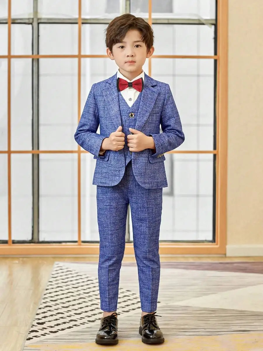 4-Piece Boys Formal Suit Set: Blue Textured Jacket, Vest, Pants & Red Bowtie for Events
4-Piece Boys Formal Suit Set: Blue Textured Jacket, Vest, Pants & Red Bowtie for Events