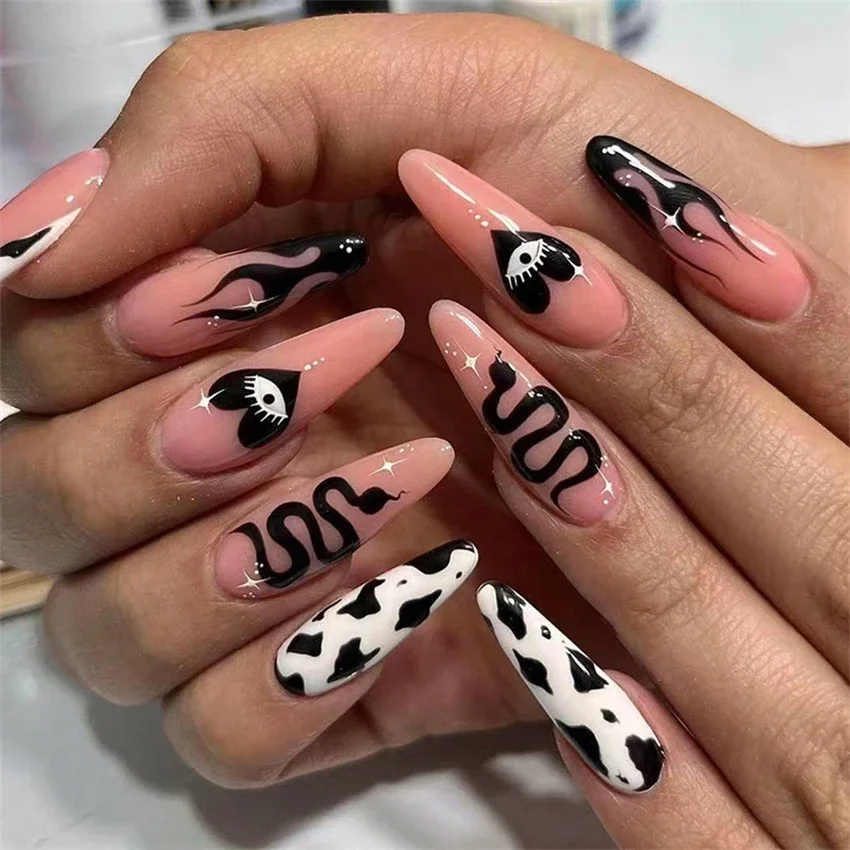 24Pcs/Set Simple Long Pointed Fake Nails Tips Sweet Cool Black Wearing False Nails French Cow Print Design Acrylic Press on Nail
24Pcs/Set Simple Long Pointed Fake Nails Tips Sweet Cool Black Wearing False Nails French Cow Print Design Acrylic Press on Nail