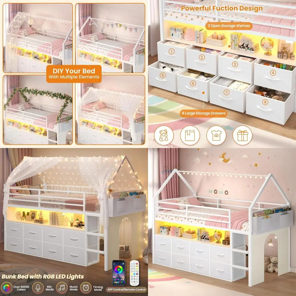 Twin Size Kids Loft Bed with 8 Drawers, LED Lights, House-Shaped Metal Frame, Bookcase, Safety Rail, Space-Saving Design
Twin Size Kids Loft Bed with 8 Drawers, LED Lights, House-Shaped Metal Frame, Bookcase, Safety Rail, Space-Saving Design