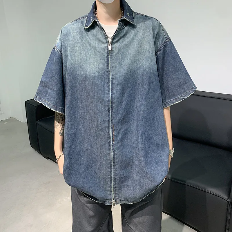 Summer Men's Denim T-shirt American Retro Washed Gradient Short Sleeve Shirt Casual Fashion Loose Male Lapel Zipper Tops
Summer Men's Denim T-shirt American Retro Washed Gradient Short Sleeve Shirt Casual Fashion Loose Male Lapel Zipper Tops