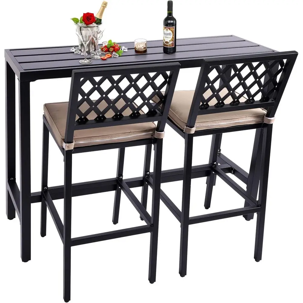 3-Piece Metal Patio Bar Set with Stools and Cushions for Outdoor Dining
3-Piece Metal Patio Bar Set with Stools and Cushions for Outdoor Dining