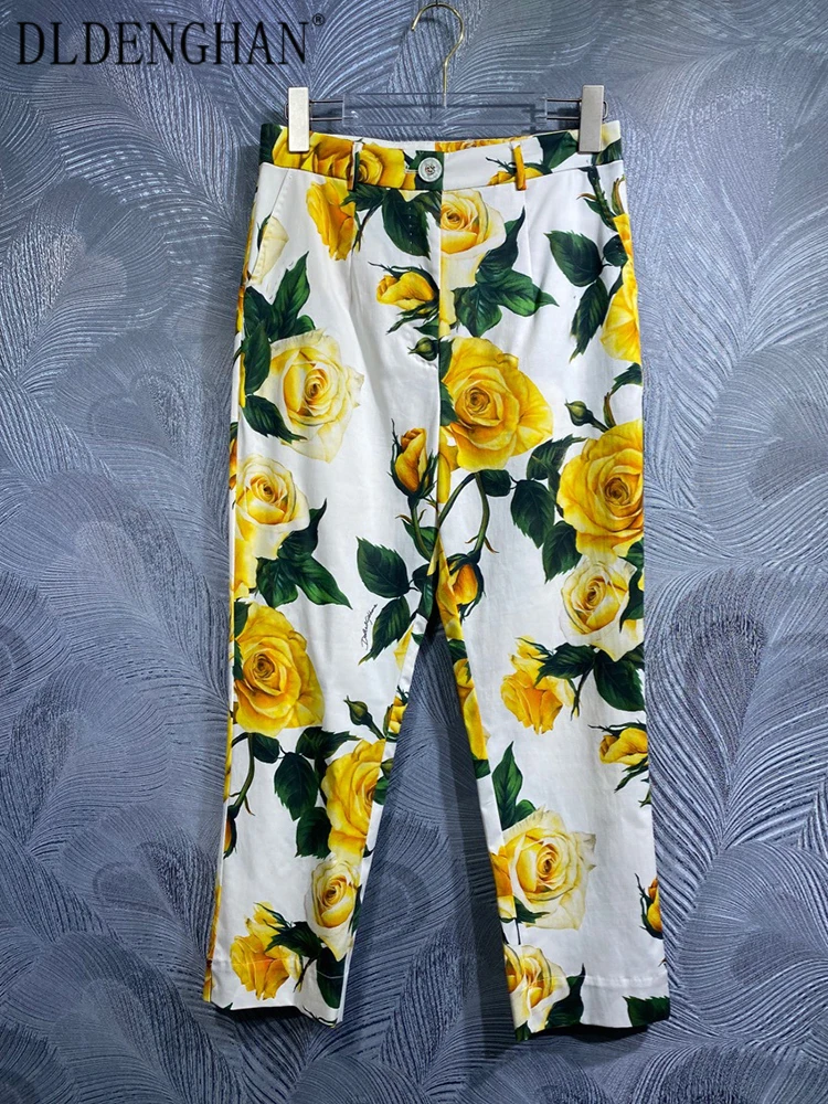 DLDENGHAN Spring Summer Cotton Trousers Women High Waiste Pockets Yellow Rose Floral Print High Street Pencil Pants Designer New
DLDENGHAN Spring Summer Cotton Trousers Women High Waiste Pockets Yellow Rose Floral Print High Street Pencil Pants Designer New