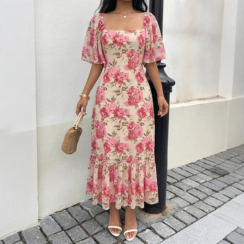 Square Neck Flutter Sleeve Floral Midi Dress For Women Slim Ruffle Hem Beach Party Dress Female Vintage Boho Guest Dress
Square Neck Flutter Sleeve Floral Midi Dress For Women Slim Ruffle Hem Beach Party Dress Female Vintage Boho Guest Dress