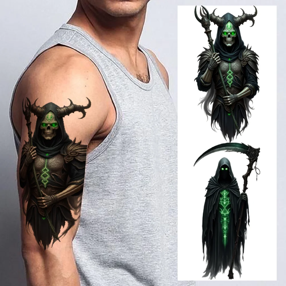 3pcs Temporary Tattoo Colorful Realism Skeletal Warrior With Antlers Hooded Figure With Green Glow For Men Women Thighs
3pcs Temporary Tattoo Colorful Realism Skeletal Warrior With Antlers Hooded Figure With Green Glow For Men Women Thighs