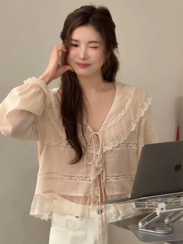 Elegant V-neck Lace Trim Long Sleeve Shirt Women Summer Chic Loose Bell Sleeve Thin Top Gentle Style Fashionable Daily Wear
Elegant V-neck Lace Trim Long Sleeve Shirt Women Summer Chic Loose Bell Sleeve Thin Top Gentle Style Fashionable Daily Wear