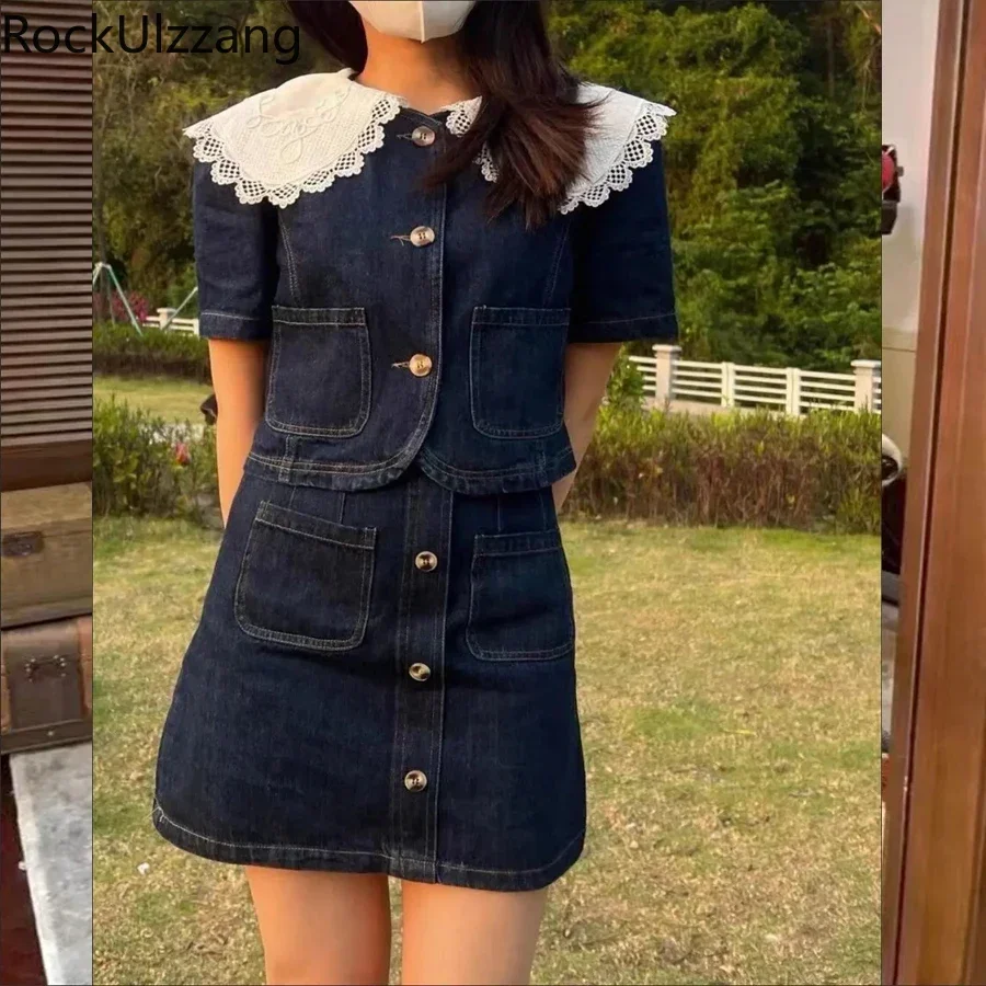 Two Piece Set Crop Top and Skirt Set Women Cute Peter Pan Jeans Shirt Outfit Button Denim Skirts y2k fashion korean cloth Kawaii
Two Piece Set Crop Top and Skirt Set Women Cute Peter Pan Jeans Shirt Outfit Button Denim Skirts y2k fashion korean cloth Kawaii