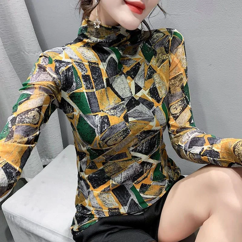 Winter High Collar Vintage Printed Mesh T-shirt Female Add Velvet Fashion All-match Slim Tee Top Women Bottoming Pullover X922
Winter High Collar Vintage Printed Mesh T-shirt Female Add Velvet Fashion All-match Slim Tee Top Women Bottoming Pullover X922