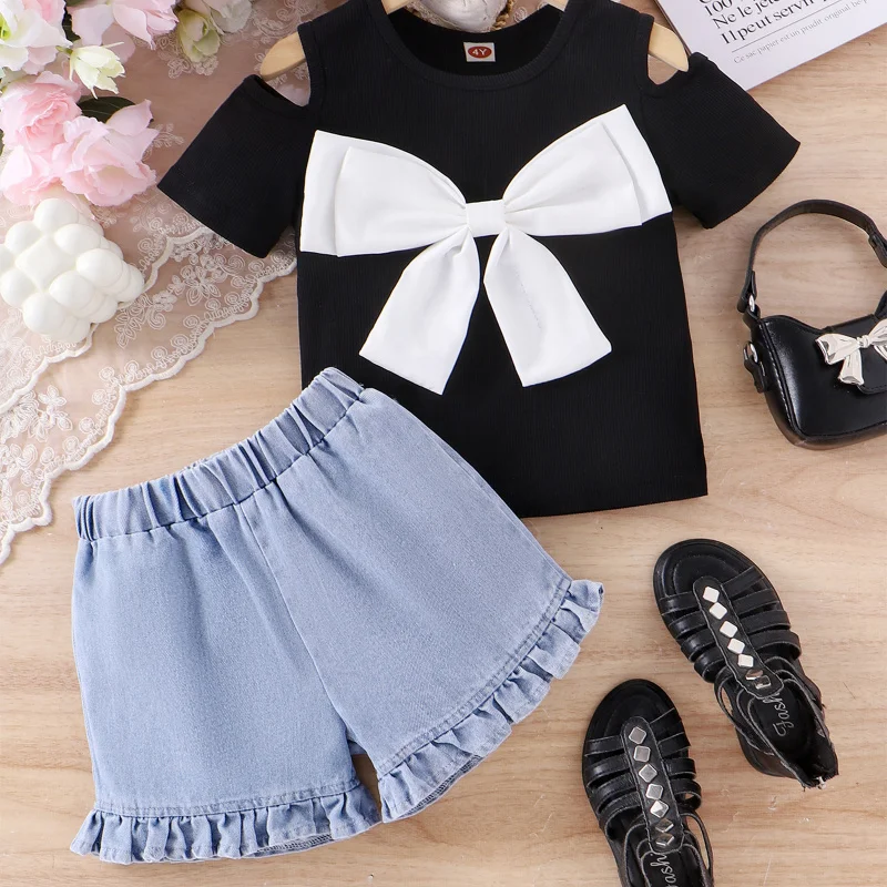 Summer New Girls' Set Off-Shoulder Bowknot Short Sleeve Top Denim Lace Shorts
Summer New Girls' Set Off-Shoulder Bowknot Short Sleeve Top Denim Lace Shorts