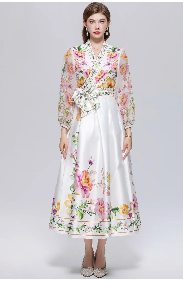 Women's V-Neck Long Dress Floral Wrap Lace-Up Belt Chiffon Patchwork Lantern Sleeves Thick Satin Bandage Party Dress
Women's V-Neck Long Dress Floral Wrap Lace-Up Belt Chiffon Patchwork Lantern Sleeves Thick Satin Bandage Party Dress