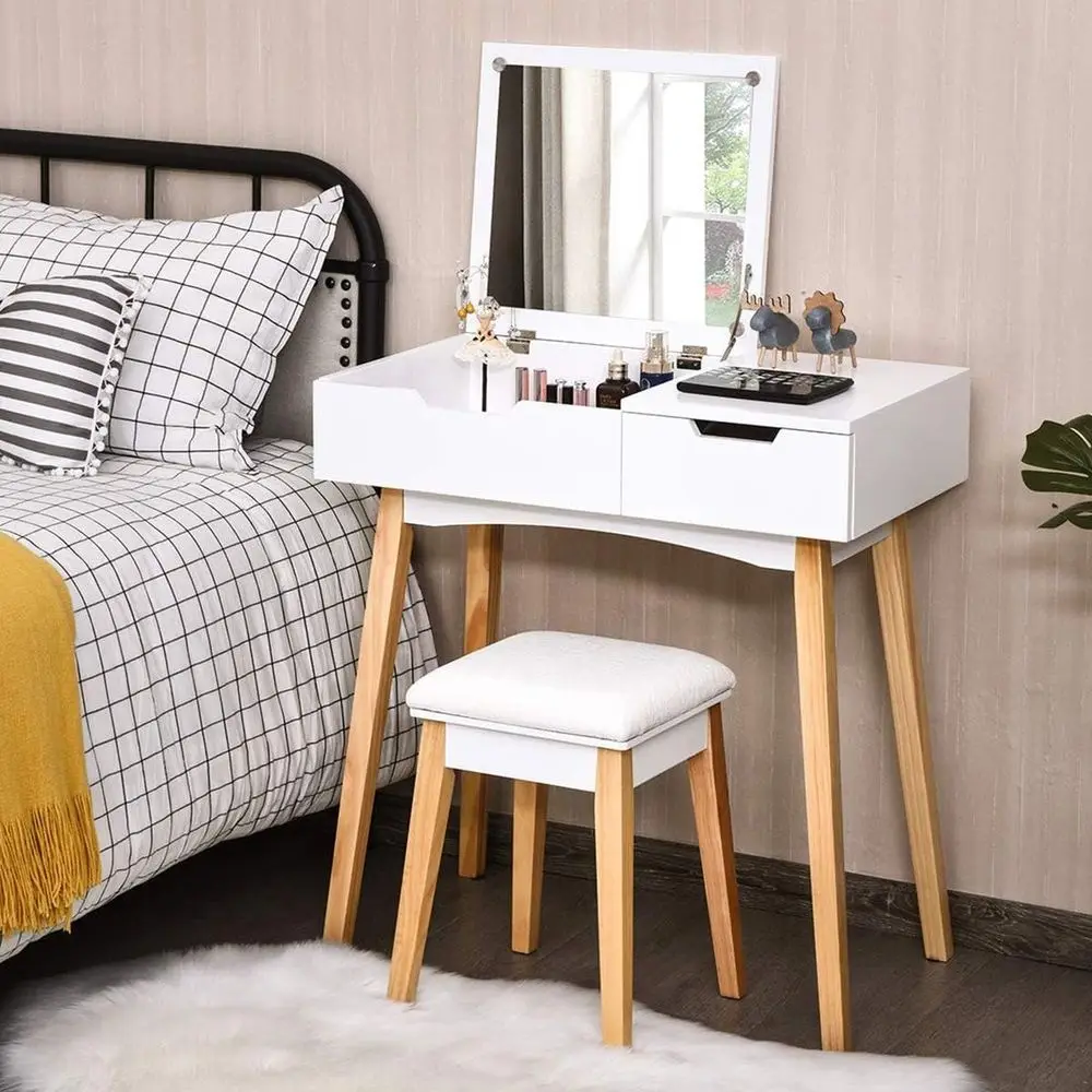 White Wooden Makeup Vanity Table with Lip Top Mirror & Stool, Storage, Easy Assembly for Bedroom, Girls & Women
White Wooden Makeup Vanity Table with Lip Top Mirror & Stool, Storage, Easy Assembly for Bedroom, Girls & Women