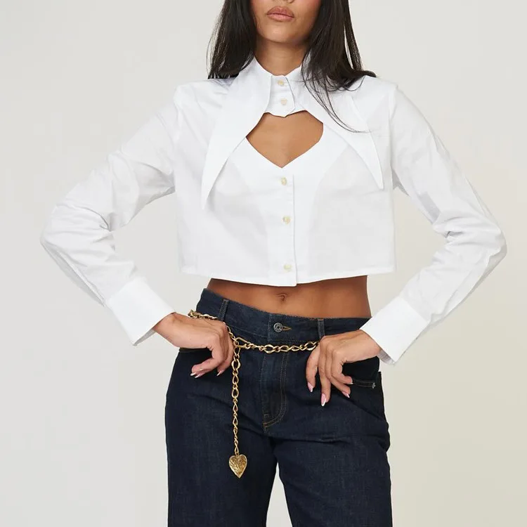 Sexy Lapel Long Sleeve Lady Shirts Elegant Hollow Out Crop Top Female Clothing Fashion Loose White Cotton Women Blouse
Sexy Lapel Long Sleeve Lady Shirts Elegant Hollow Out Crop Top Female Clothing Fashion Loose White Cotton Women Blouse