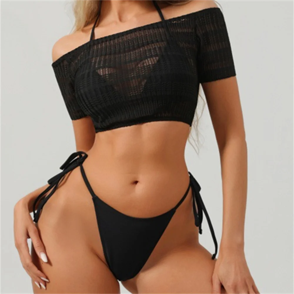Sexy Black Bikini Off-shoulder Mesh Sheer Swimsuit Women's Bikinis and Tankinis 3 Piece Vacation Swimwear Beach Outfit Tanga Set
Sexy Black Bikini Off-shoulder Mesh Sheer Swimsuit Women's Bikinis and Tankinis 3 Piece Vacation Swimwear Beach Outfit Tanga Set