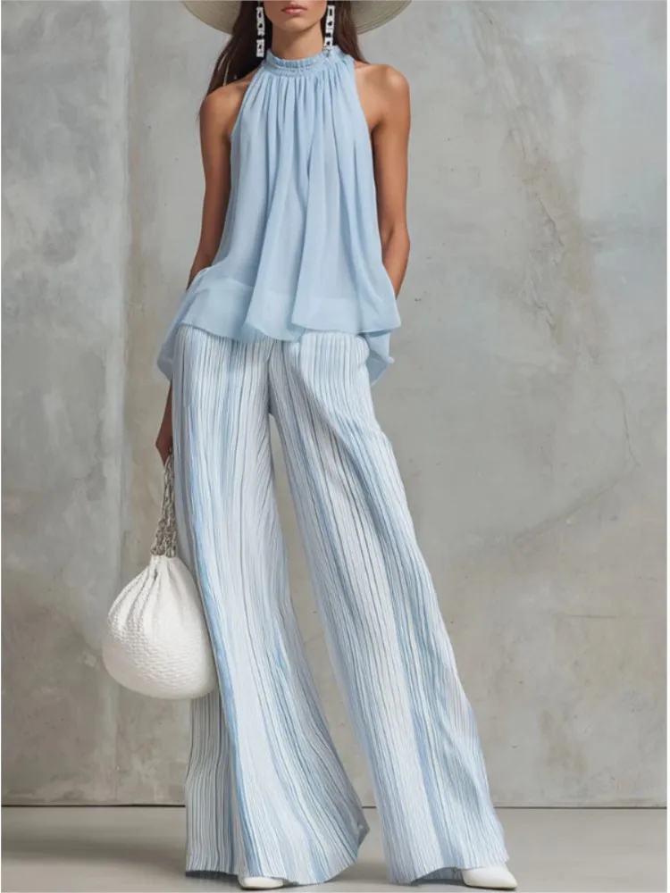 Elegant O-neck Sleeveless 2 Piece Sets Light Blue Sleeveless Top Striped Wide-leg Pant Set Summer Casual Vacation Women's Suit
Elegant O-neck Sleeveless 2 Piece Sets Light Blue Sleeveless Top Striped Wide-leg Pant Set Summer Casual Vacation Women's Suit