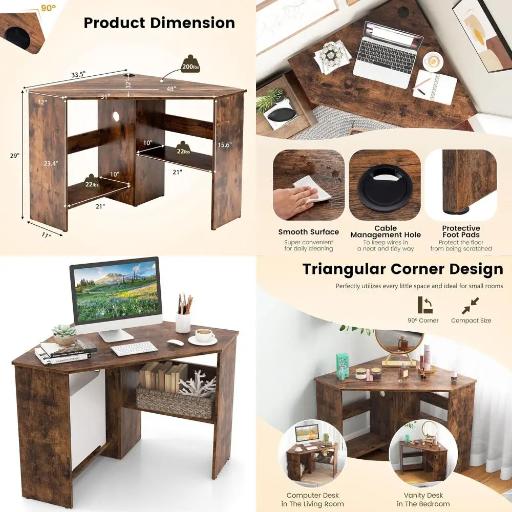Compact Rustic Brown Corner Desk with Storage and Cable Management for Home Office and Living Room
Compact Rustic Brown Corner Desk with Storage and Cable Management for Home Office and Living Room
