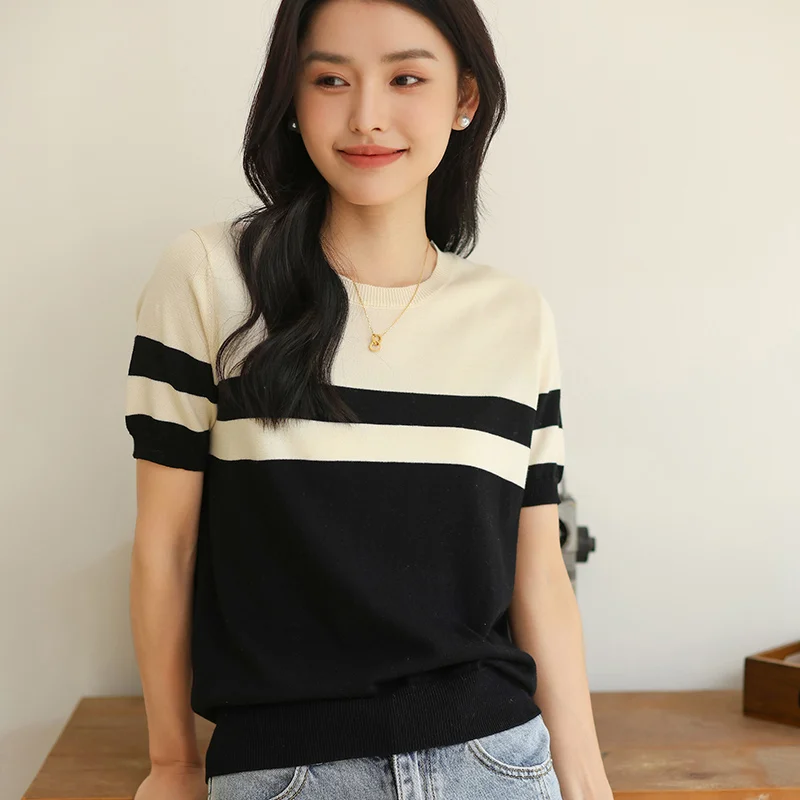 Women's T-Shirt Summer 100% Cotton Sweater Short Sleeve Striped Knitted Round Neck Ladies Tops Loose Blouse Pullover Tees
Women's T-Shirt Summer 100% Cotton Sweater Short Sleeve Striped Knitted Round Neck Ladies Tops Loose Blouse Pullover Tees
