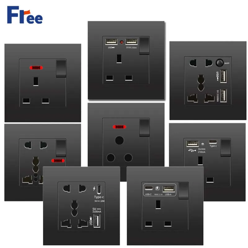 Black UK 13A Wall Socket Universal power outlet with USB Type C, 18W Quick Charge Plug Socket 220V Electrical Light Switch
Black UK 13A Wall Socket Universal power outlet with USB Type C, 18W Quick Charge Plug Socket 220V Electrical Light Switch