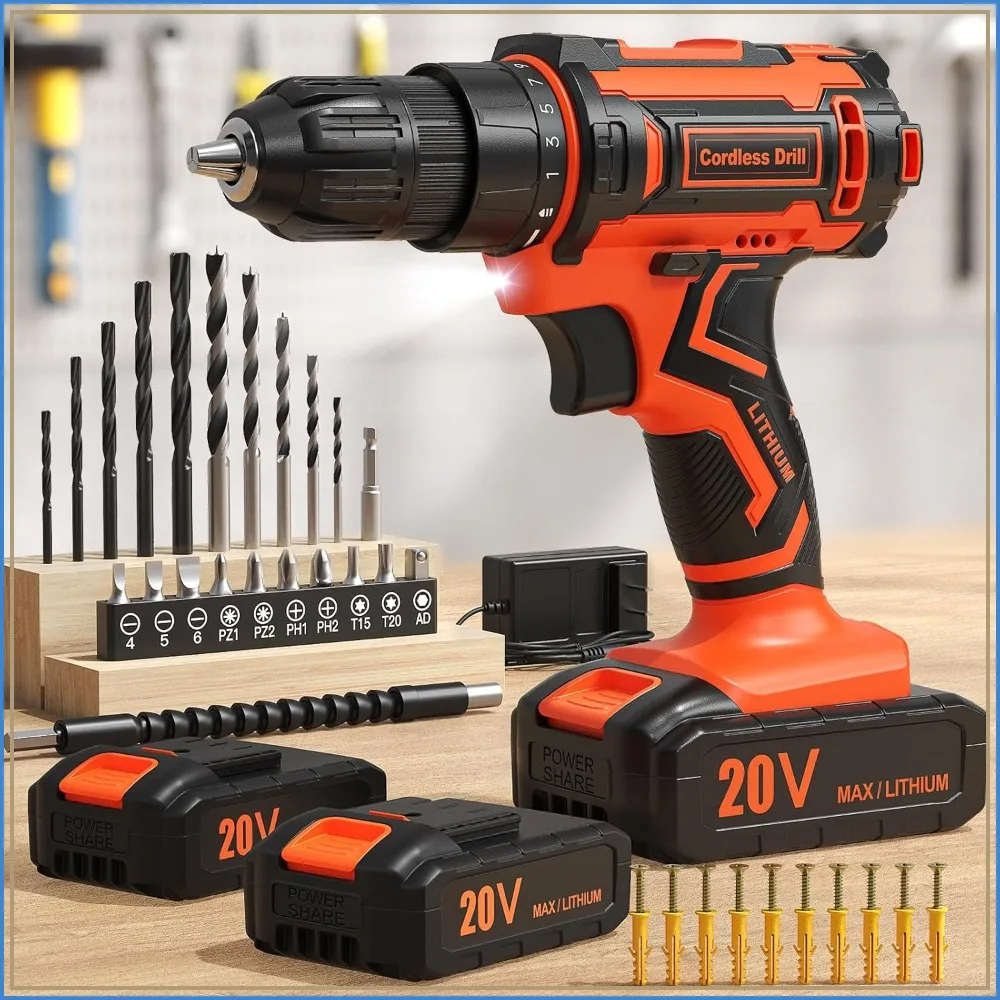 Cordless Drill 20V, Double 2000mAh Power Pack, 3/8" Keyless Chuck, 370 In-lb Torque, 42Pcs Bits
Cordless Drill 20V, Double 2000mAh Power Pack, 3/8" Keyless Chuck, 370 In-lb Torque, 42Pcs Bits