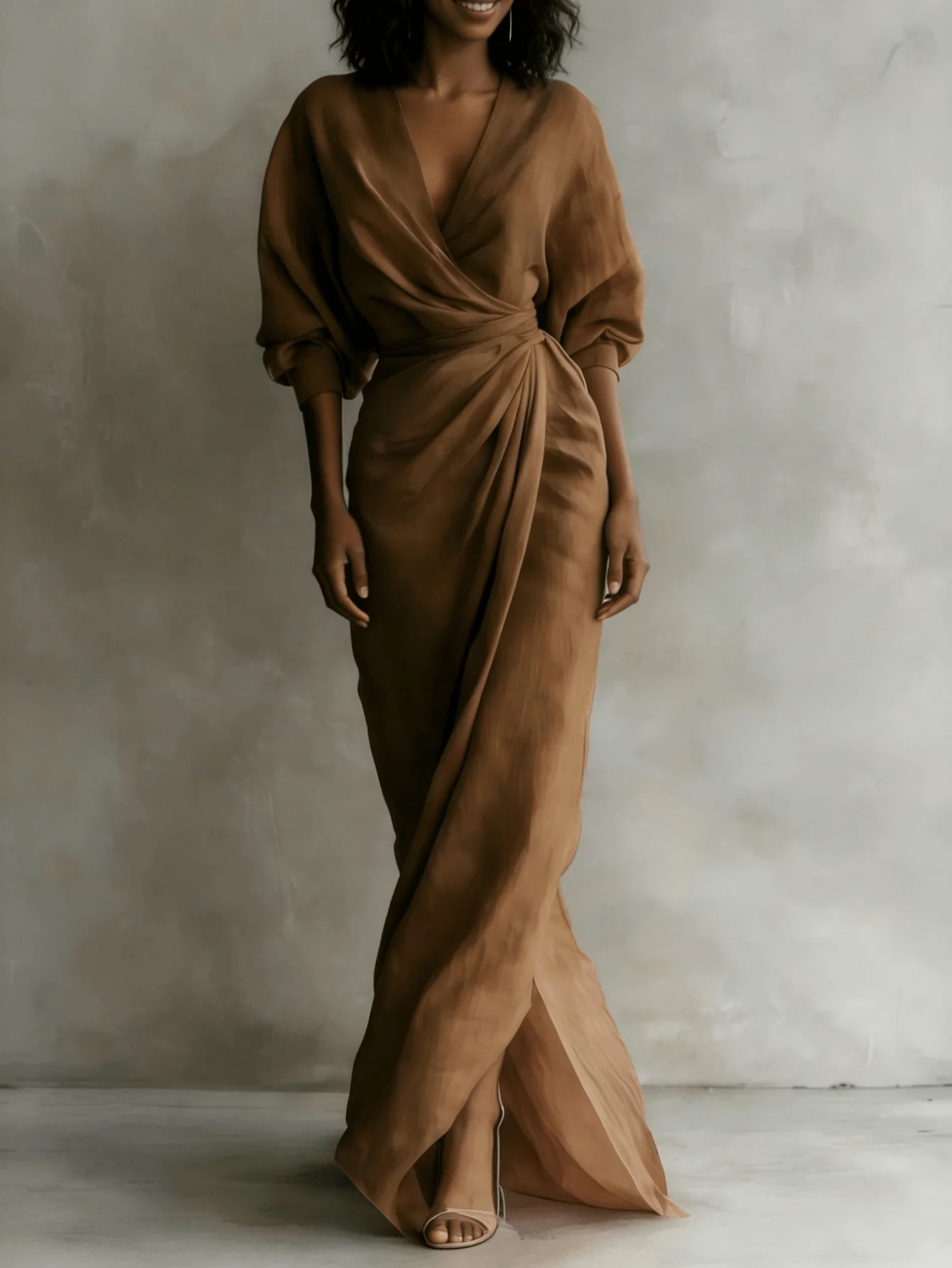 Elegant Wrap V-Neck Long Sleeve Floor-Length Dress With Draped Waist And Split Hem
Elegant Wrap V-Neck Long Sleeve Floor-Length Dress With Draped Waist And Split Hem