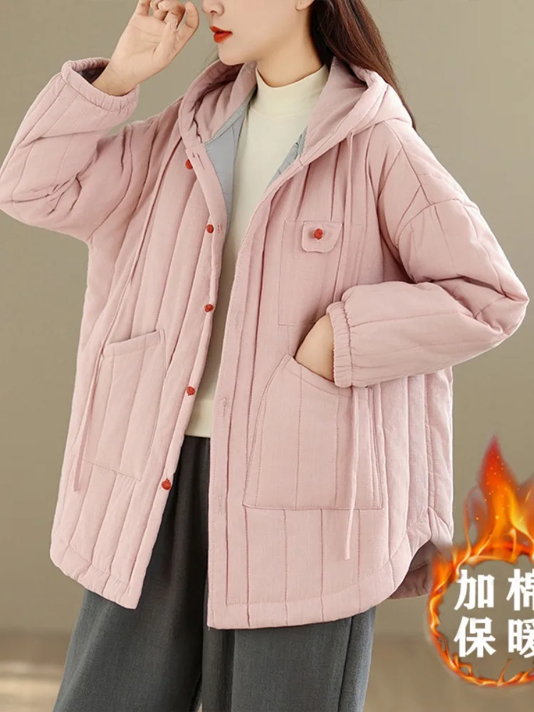 Thickened Cotton Jacket Women's Winter Vintage Button up Lightweight Warm Cotton Coat Hooded Stripe Patterned Commute Style
Thickened Cotton Jacket Women's Winter Vintage Button up Lightweight Warm Cotton Coat Hooded Stripe Patterned Commute Style
