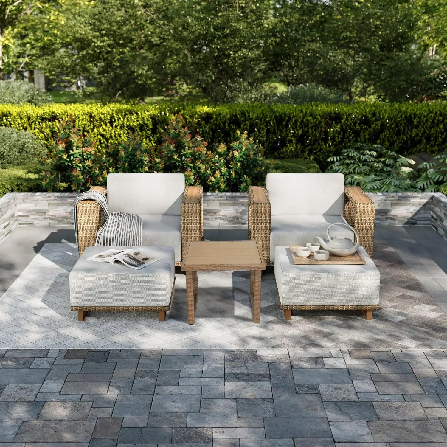 5 Pieces Outdoor Patio Furniture Set, PE Rattan Weaving Sofa with 10 inch Thick Cushions, with Dining Table,Coffee, Custom
5 Pieces Outdoor Patio Furniture Set, PE Rattan Weaving Sofa with 10 inch Thick Cushions, with Dining Table,Coffee, Custom