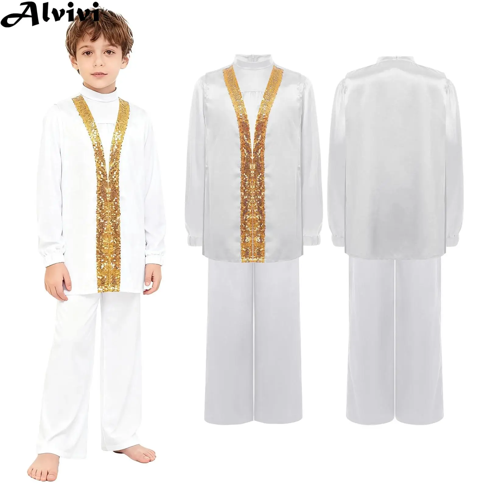 Kids Choir Worship Praise Dance Outfit Long Sleeve Zipper Satin Top with Pants Sequin Robe for Church Event Halloween Carnival
Kids Choir Worship Praise Dance Outfit Long Sleeve Zipper Satin Top with Pants Sequin Robe for Church Event Halloween Carnival