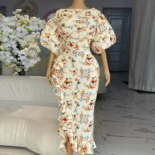Summer Women's Elegant Round Neck Cinched Pleated Dress with Bubble Sleeves and Floral Print, Elegant Ladies' Hip Hugging Dress
Summer Women's Elegant Round Neck Cinched Pleated Dress with Bubble Sleeves and Floral Print, Elegant Ladies' Hip Hugging Dress