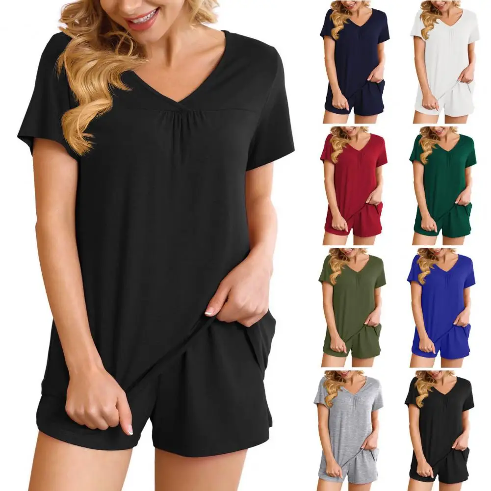 Summer Two-piece Suit Women Pajamas Set V Neck Short Sleeve Top Loose Shorts Sleepwear Outfit for Homewear Casual Sport Outfit
Summer Two-piece Suit Women Pajamas Set V Neck Short Sleeve Top Loose Shorts Sleepwear Outfit for Homewear Casual Sport Outfit