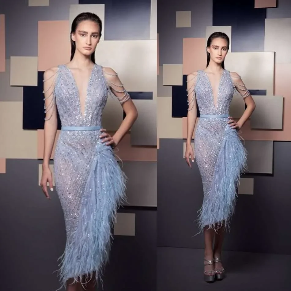 Luxury Short Prom Dresses Deep V Neck Bling Full Sequins Beaded Sheath Feathers Beading Evening Dresses Customized
Luxury Short Prom Dresses Deep V Neck Bling Full Sequins Beaded Sheath Feathers Beading Evening Dresses Customized