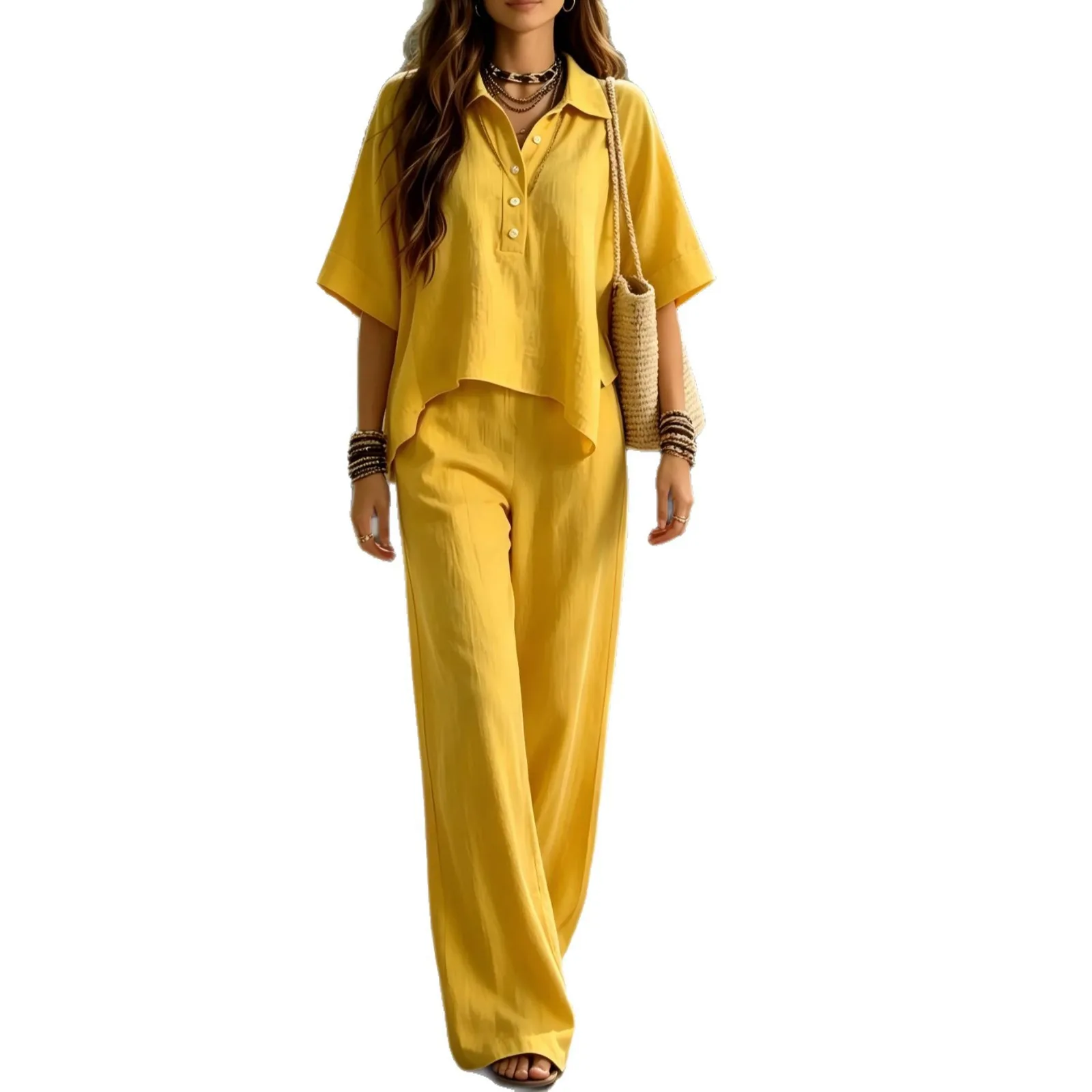 Two Piece Set Women Outfit 2026 Spring Summer New Solid Color Turn-Down Collar Short-Sleeved Shirt & High Waist Casual Pants Set
Two Piece Set Women Outfit 2026 Spring Summer New Solid Color Turn-Down Collar Short-Sleeved Shirt & High Waist Casual Pants Set