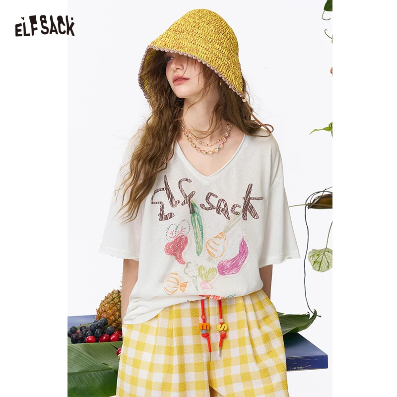 ELFSACK Women's V Neck Short Sleeve Tee with Hand Drawn Vegetable Print, Irregular Hem Loose T-shirt for Daily, Casual Soft Knit
ELFSACK Women's V Neck Short Sleeve Tee with Hand Drawn Vegetable Print, Irregular Hem Loose T-shirt for Daily, Casual Soft Knit