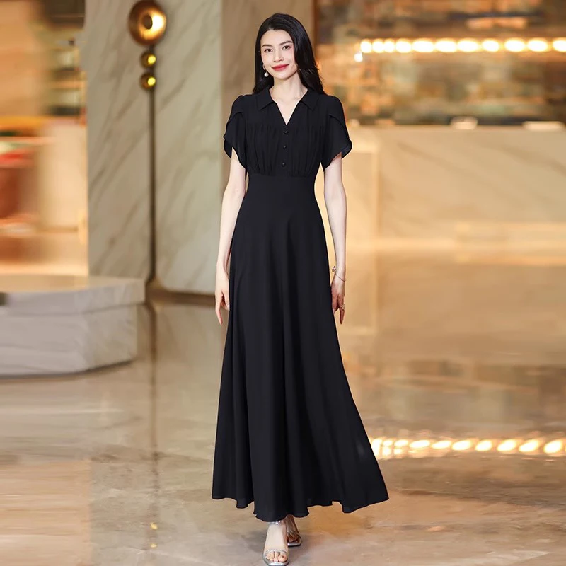 New Women Summer Elegant Black Dress Fashion Chic Design V-Neck Folds Short Sleeve High Waist Slim Dress Casual Long Dress 
New Women Summer Elegant Black Dress Fashion Chic Design V-Neck Folds Short Sleeve High Waist Slim Dress Casual Long Dress