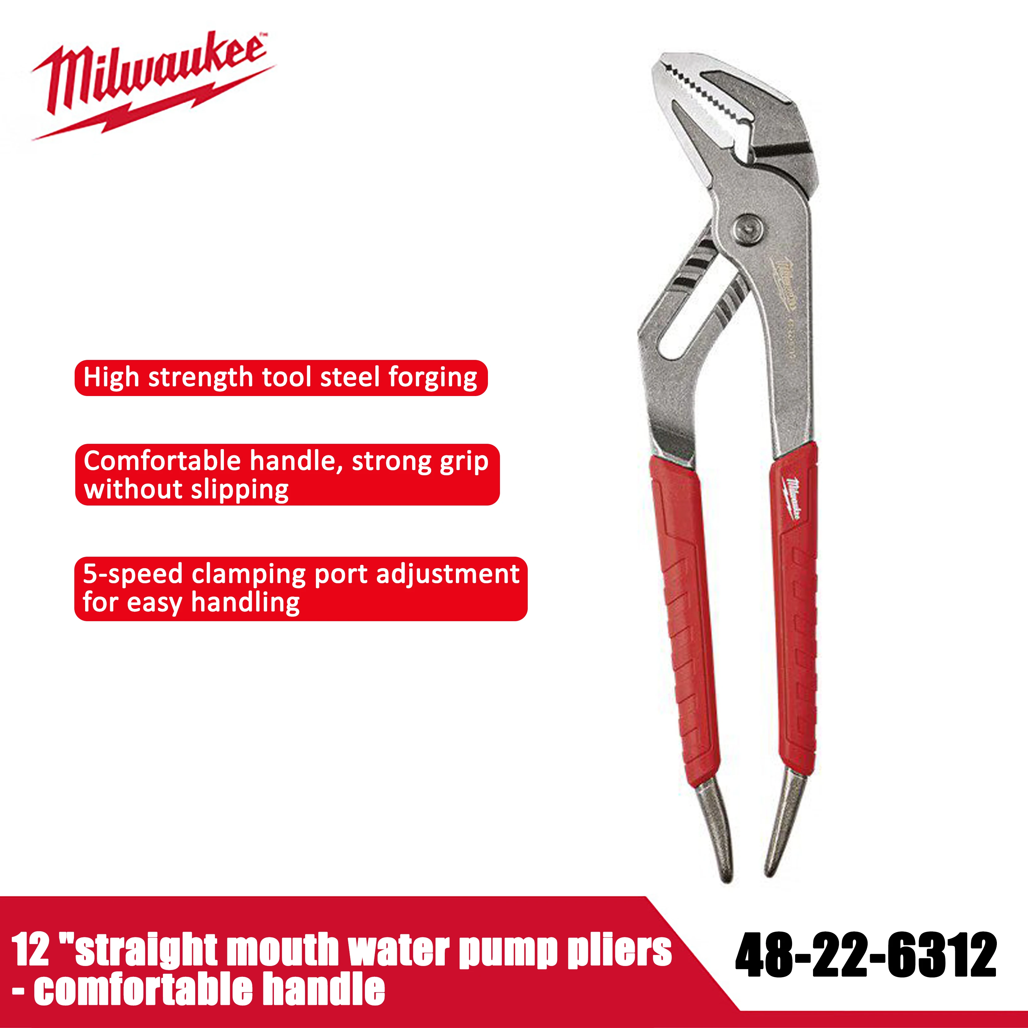 Milwaukee 12 inch straight mouth water pump pliers - Comfortable handle, industrial grade water pipe pliers tool 48-22-6312
Milwaukee 12 inch straight mouth water pump pliers - Comfortable handle, industrial grade water pipe pliers tool 48-22-6312
