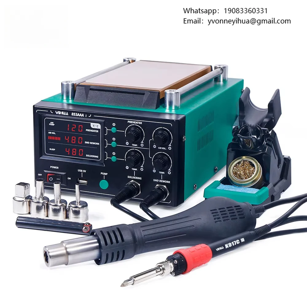 YIHUA 853AAA-I Basic Version 3 In 1 Digital SMD Soldering Desoldering Hot Air Gun Preheat BGA Rework Soldering Station
YIHUA 853AAA-I Basic Version 3 In 1 Digital SMD Soldering Desoldering Hot Air Gun Preheat BGA Rework Soldering Station