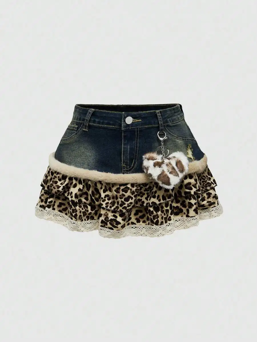 Leopard Print Lace Trim Mini Denim Skirt With Fur Trim Punk Grunge Style
Leopard Print Lace Trim Mini Denim Skirt With Fur Trim Punk Grunge Style