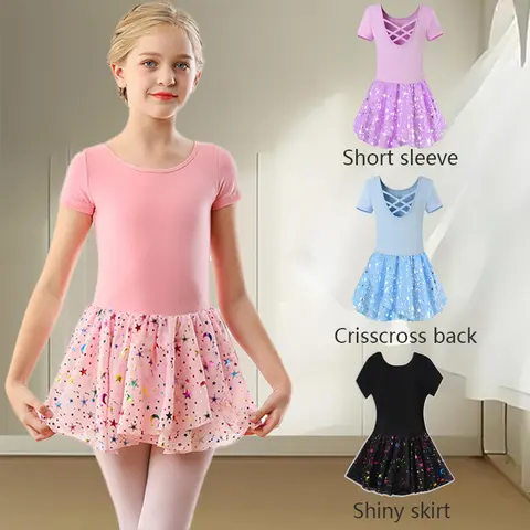Girls Ballet Leotards for Dance Hollow Crisscross Back Short Sleeve, Shiny Skirt