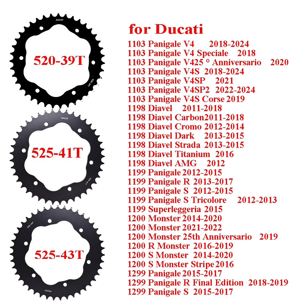 525 39T 41T 43T Rear Sprocket Gear Wheel for Ducati 1103 Panigale 1198 Diavel Carbon Superleggeria 1200 Mon/ster 1299 Panigale
525 39T 41T 43T Rear Sprocket Gear Wheel for Ducati 1103 Panigale 1198 Diavel Carbon Superleggeria 1200 Mon/ster 1299 Panigale