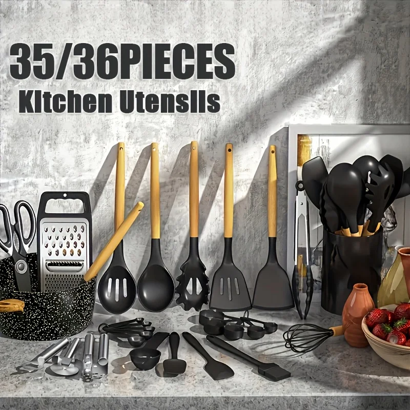 Kitchen Utensils Set - 35/36pcs Silicone Cooking Utensils With Rack, Heat Resistant Kitchen Utensils Shovel Set, Suitable For Non-Stick Pans, Available In Various Colors Wooden Handle Kitchen Tools Set.
Kitchen Utensils Set - 35/36pcs Silicone Cooking Utensils With Rack, Heat Resistant Kitchen Utensils Shovel Set, Suitable For Non-Stick Pans, Available In Various Colors Wooden Handle Kitchen Tools Set.
