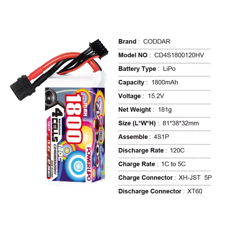 CODDAR 1800MAH 4S 15.2V 120C high-voltage lightweight aircraft model high rate lithium battery
CODDAR 1800MAH 4S 15.2V 120C high-voltage lightweight aircraft model high rate lithium battery