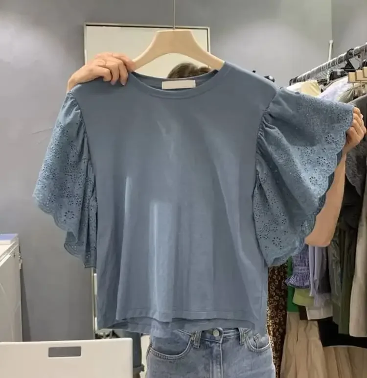 Vintage Lace Flying Sleeve T-shirt for Women 2025 Summer New O-neck Blue Tops Mujer Fashion All-match Loose Tee Shirt
Vintage Lace Flying Sleeve T-shirt for Women 2025 Summer New O-neck Blue Tops Mujer Fashion All-match Loose Tee Shirt