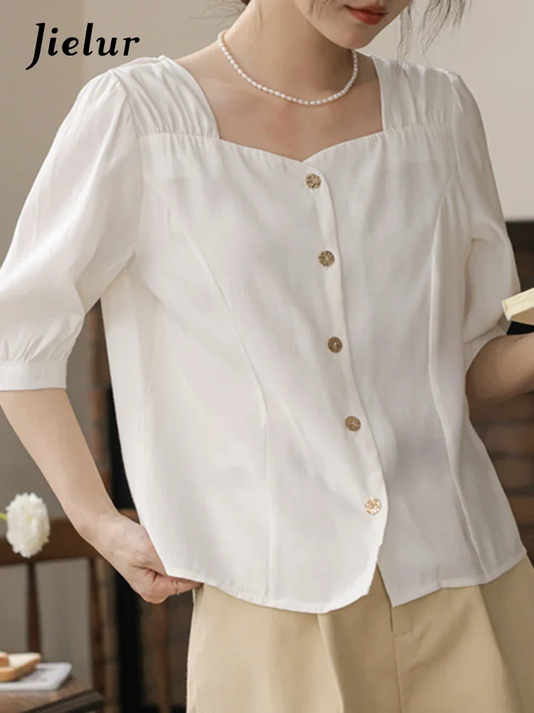 Jielur Vintage Puff Sleeve Chic Women's Shirts Summer Square Neck Single Breasted Female Shirt French Style Elegant Office Lady
Jielur Vintage Puff Sleeve Chic Women's Shirts Summer Square Neck Single Breasted Female Shirt French Style Elegant Office Lady