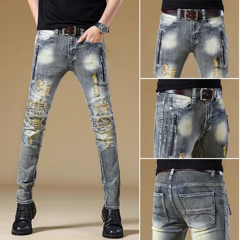 Trendy Men's Slim Fit Jeans Retro Distred Personali Splicing Motorcycle Elastic Long Trousers Cotton Stretch Denim Casual
Trendy Men's Slim Fit Jeans Retro Distred Personali Splicing Motorcycle Elastic Long Trousers Cotton Stretch Denim Casual