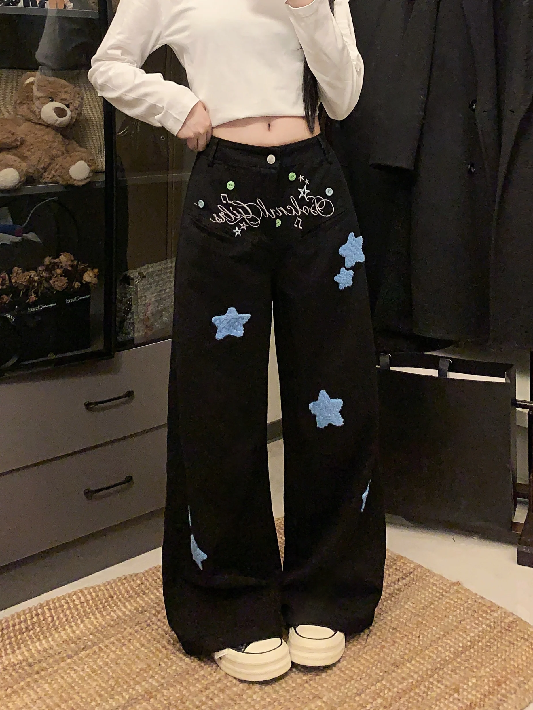 Black Embroidered Star Casual Pants Women's Spring Wing Decoration Super Beautiful Youthful Loose Wide Leg Floor Length Trousers
Black Embroidered Star Casual Pants Women's Spring Wing Decoration Super Beautiful Youthful Loose Wide Leg Floor Length Trousers