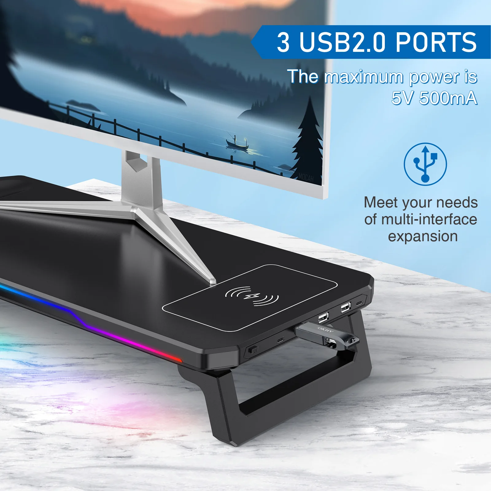 Desktop Monitor Stand Type-c Wireless Charging Laptop Stand Storage Rack Increase 3 USB 2.0 With RGB Light Strip Monitor Mount
Desktop Monitor Stand Type-c Wireless Charging Laptop Stand Storage Rack Increase 3 USB 2.0 With RGB Light Strip Monitor Mount