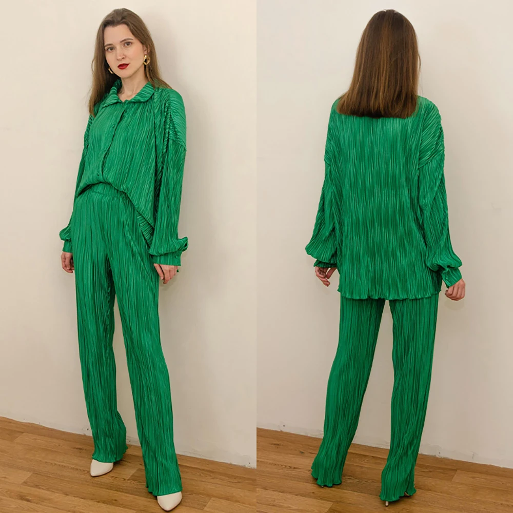 Pleated Oversized Two Piece Sets For Women Long Sleeve Button Down Shirt High Waist Wide Leg Pants Solid Ruched Streetwear Suits
Pleated Oversized Two Piece Sets For Women Long Sleeve Button Down Shirt High Waist Wide Leg Pants Solid Ruched Streetwear Suits