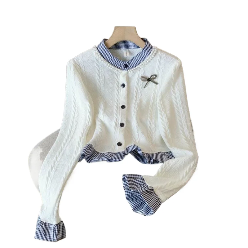 Вязаный свитер с французским бантом, сетчатый воротник-стойка, топ из двух частей, элегантный женский свитер с жемчугом, весна-осень, с длинными рукавами
Вязаный свитер с французским бантом, сетчатый воротник-стойка, топ из двух частей, элегантный женский свитер с жемчугом, весна-осень, с длинными рукавами