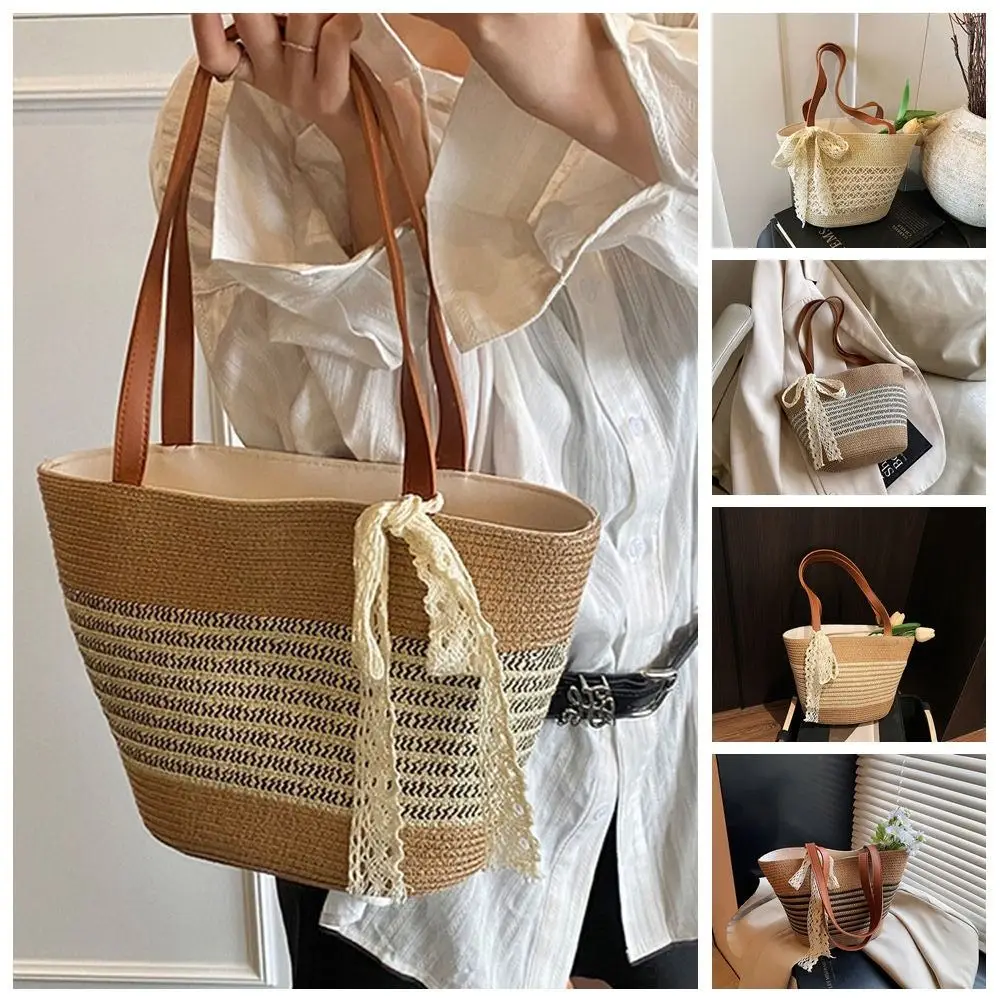 Solid Color Sweet Woven Tote Bag Breathable Lace Ribbon Stripe Straw Handbag Lightweight Large Capacity Summer Beach Bag Daily
Solid Color Sweet Woven Tote Bag Breathable Lace Ribbon Stripe Straw Handbag Lightweight Large Capacity Summer Beach Bag Daily