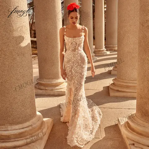 Robe de mariée sirène en dentelle, personnalisée, exquise, sans bretelles, avec traîne détachable, Sexy, Illusion de fleurs, perlée, Vintage