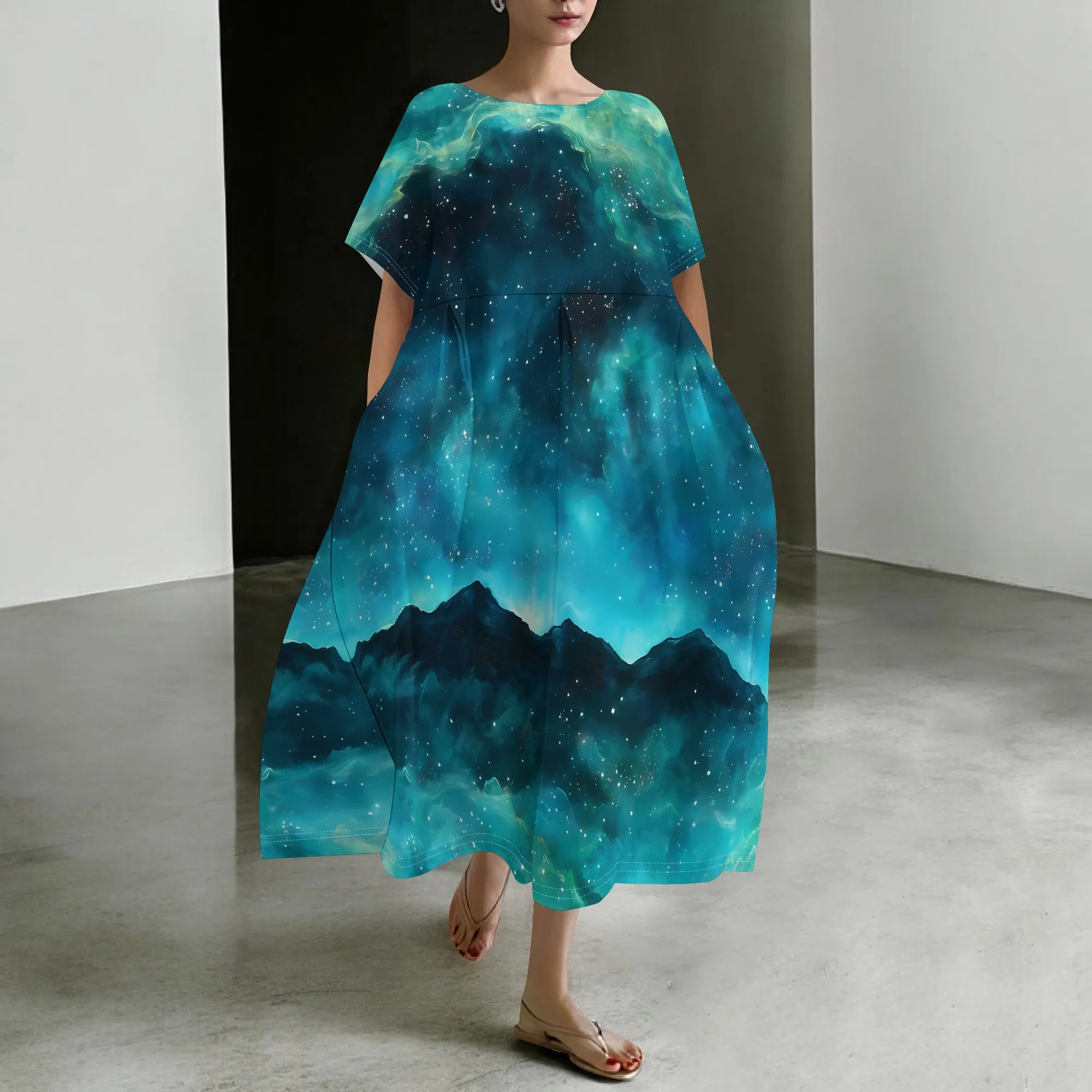 EQQZD Elegant Short Sleeve Round Neck Dress with Pockets, Dreamy & Dazzling Starry Sky Print Dress 
EQQZD Elegant Short Sleeve Round Neck Dress with Pockets, Dreamy & Dazzling Starry Sky Print Dress