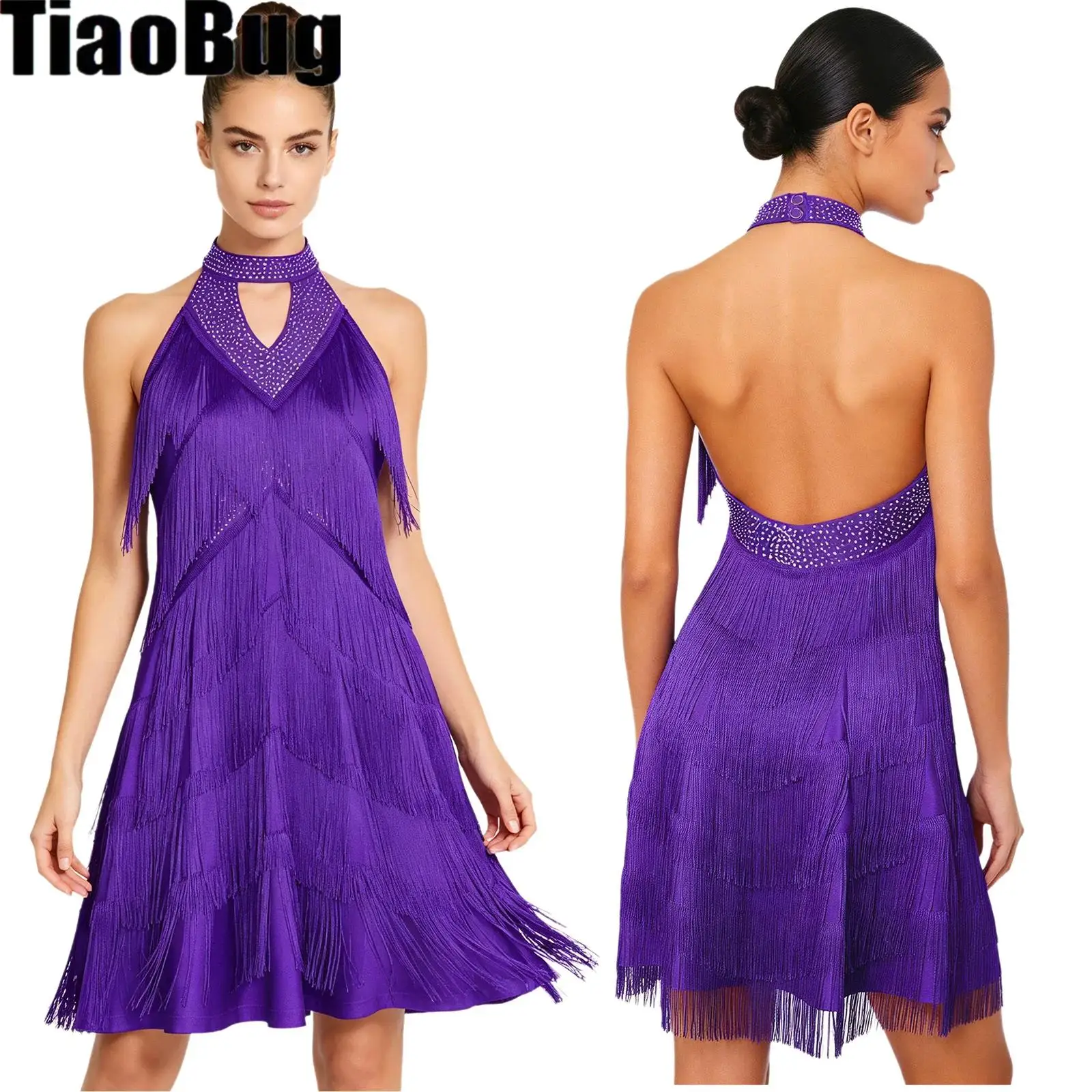 Women Dance Dress Rhinestones Tiered Tassel Backless Halter Front Keyhole Fringed Dress for Latin Tango Flamenco Samba Ballroom
Women Dance Dress Rhinestones Tiered Tassel Backless Halter Front Keyhole Fringed Dress for Latin Tango Flamenco Samba Ballroom